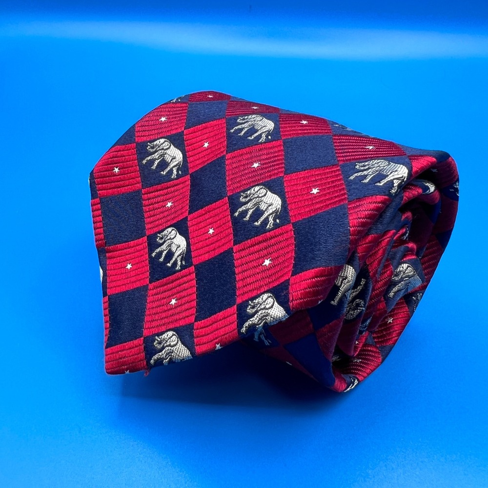 Tango by Max Raab Mens Silk Tie Navy Red Checkerboard Elephant Stars USA Made